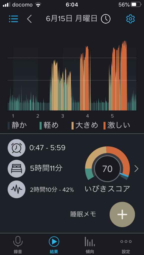 いびき対策アプリいびきラボの使用画面